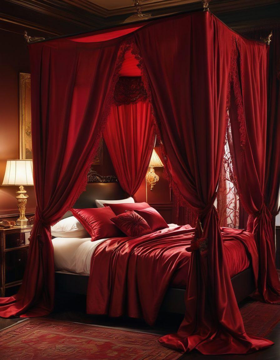 A visually striking representation of sensuality and kink, featuring an elegantly draped silk canopy in deep red, where shadows play against the soft glow of candlelight. Include subtle hints of luxurious leather and lace items artfully displayed, alongside delicate florals to evoke both allure and intimacy. The overall ambiance should be soft yet tantalizing, inviting the viewer into a world of erotic allure. moody lighting. super-realistic. deep, seductive colors.
