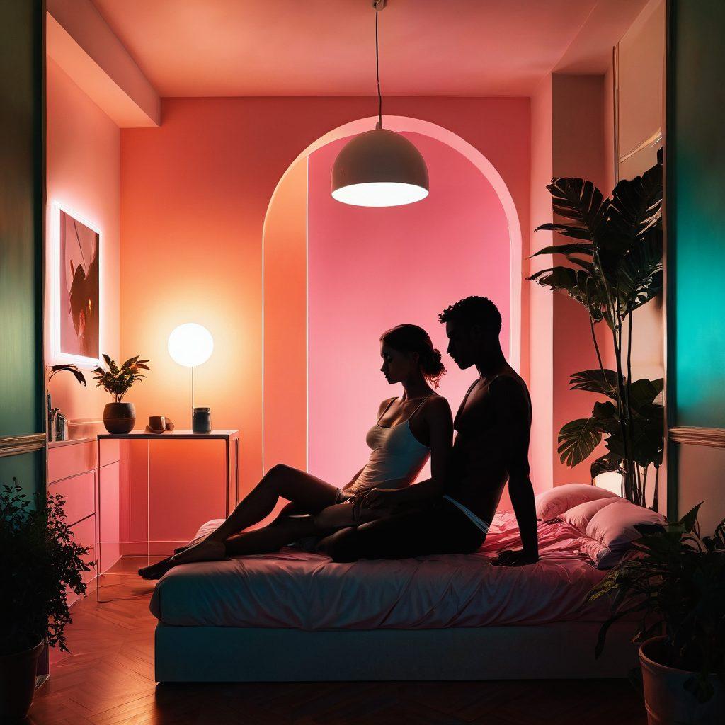 A collage showcasing the contrasting elements of adult entertainment, featuring a serene, intimate setting with soft lighting and warm colors on one side, and a bold, edgy atmosphere with neon lights and vibrant shades on the other. Include silhouettes of diverse couples exploring their connections, set against a backdrop of abstract shapes representing various fetishes. The image should evoke curiosity and openness. vibrant colors. super-realistic.