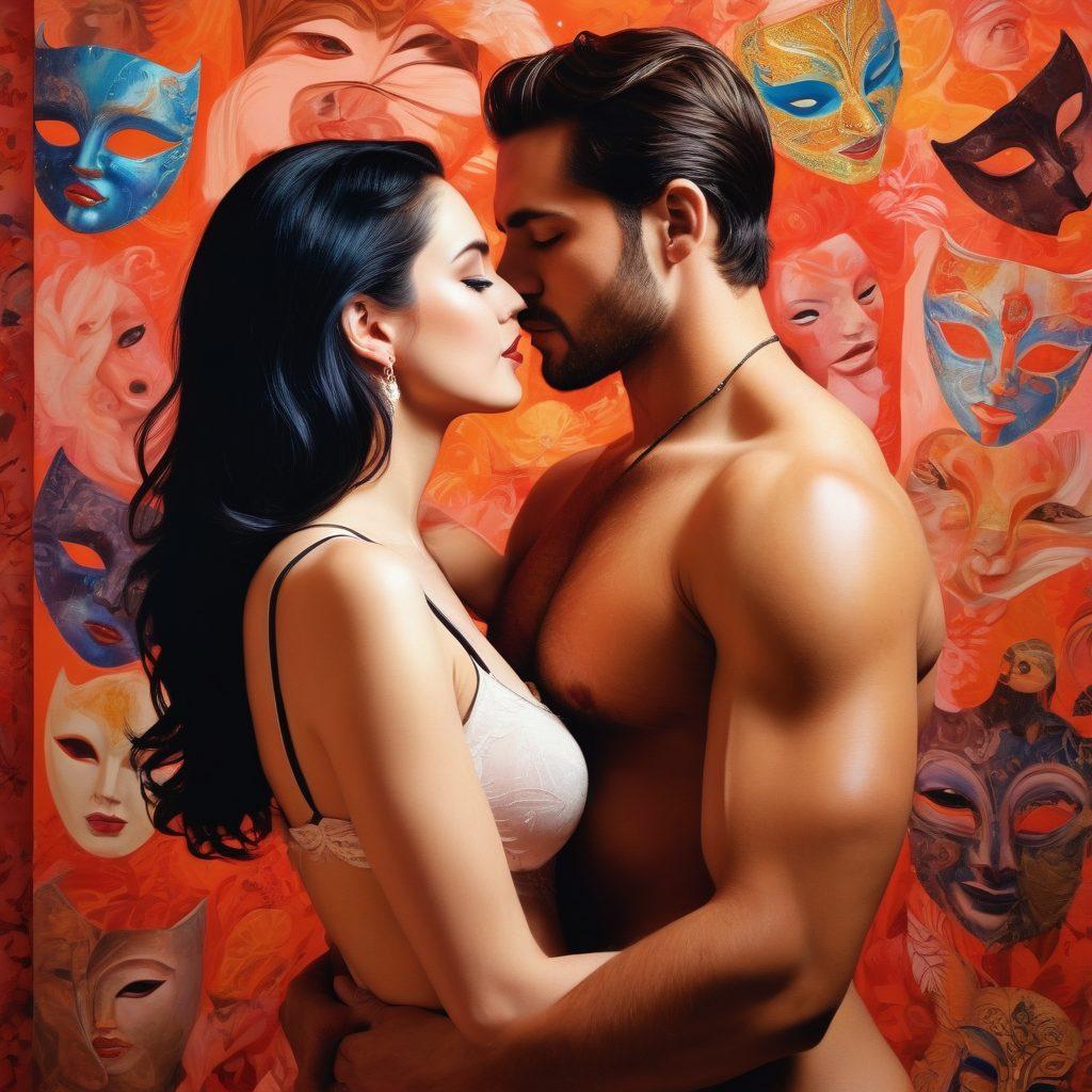 A visually captivating collage showcasing a diverse couple sharing a moment of intimacy, surrounded by vibrant symbols of bold fetishes like masks, whips, and playful patterns. The background features soft, warm colors to evoke passion and sensuality, blending modern adult film elements with artistic flair. Include playful lighting to emphasize the couple's connection and the adventurous spirit of the adult film landscape. super-realistic. vibrant colors. painting.